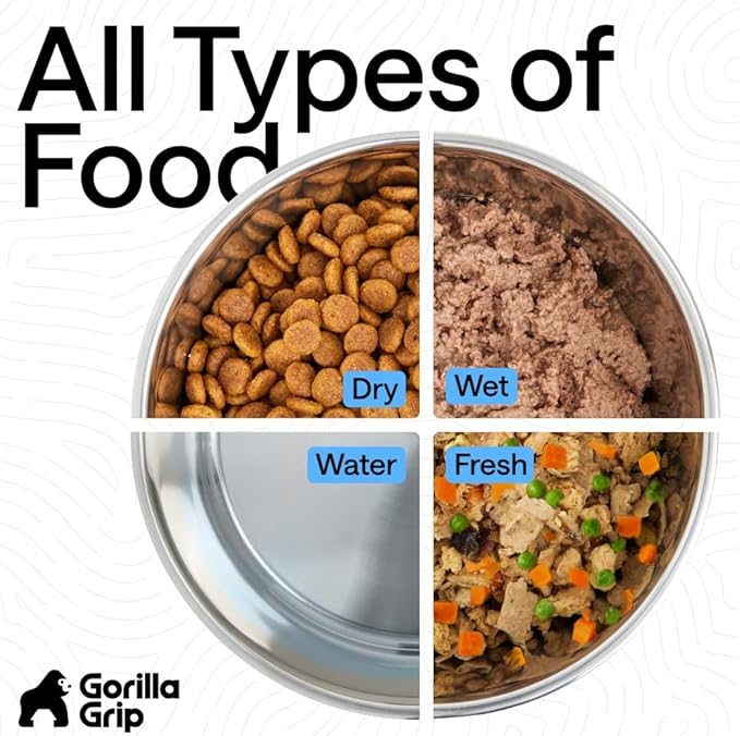 GORILLA GRIP Dog Bowls, Holds 4 Cups Each (32 fl oz), Heavy Duty Stainless Steel Food and Water Bowl for Feeding Dogs and Cats, Dishwasher Safe, Rust Resistant, BPA Free Rubber Base, Set of 2 Beige