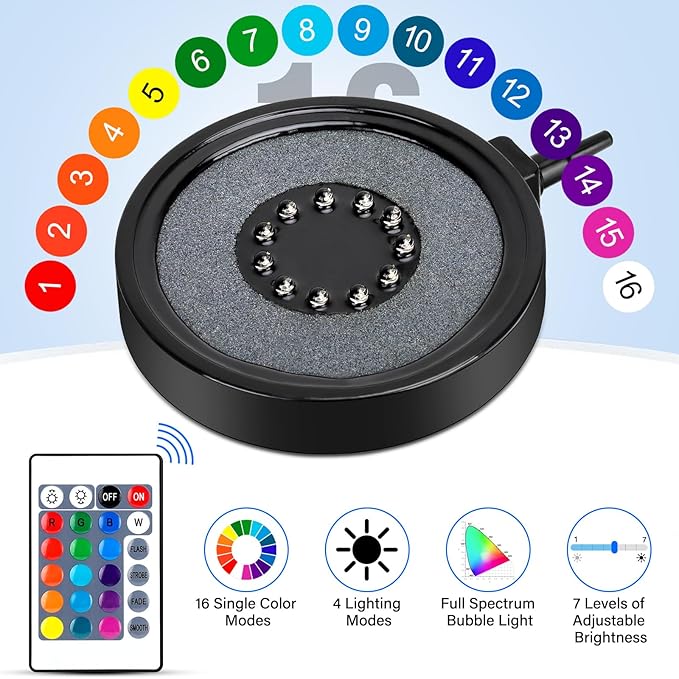 fishkeeper Aquarium Air Bubble Light, LED Fish Tank Bubbler Stone Disk with 11 Super Bright Lamp Beads, 16 Colors and 4 Modes Adjustable for Fish Tank Decoration Oxygenation