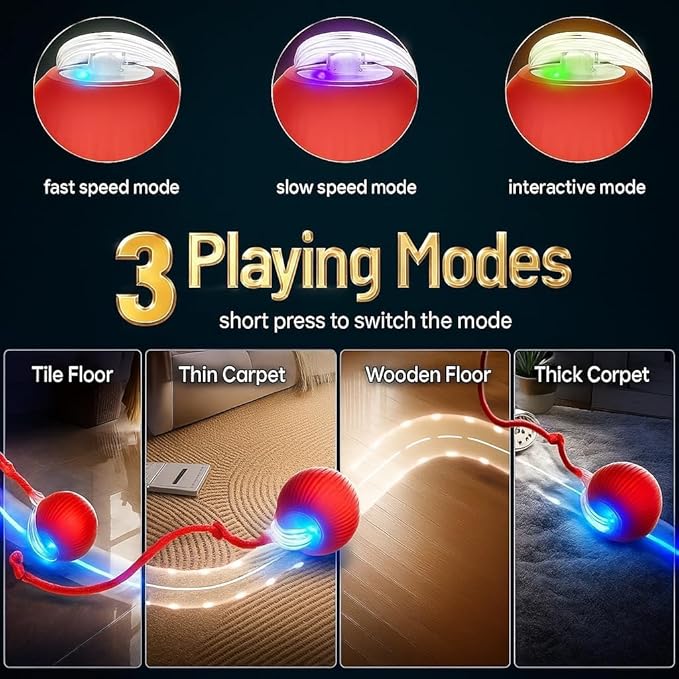 Interactive Electric Automatic Rolling Moving USB Rechargeable Self Activated Play Stimulation Toy Smart Chase Teaser Ball with Speedy Tail Rope for Bored Adult Indoor Cats and Dogs, Red Color