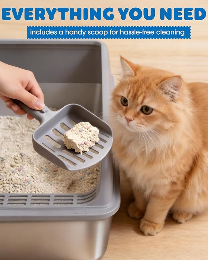 Stainless Steel Cat Litter Box, Metal Litter Box with Scoop, High- Sided, Anti-Leakage Top Entry, Non-Sticky, Easy to Clean, Grey, XL (2 Pack)