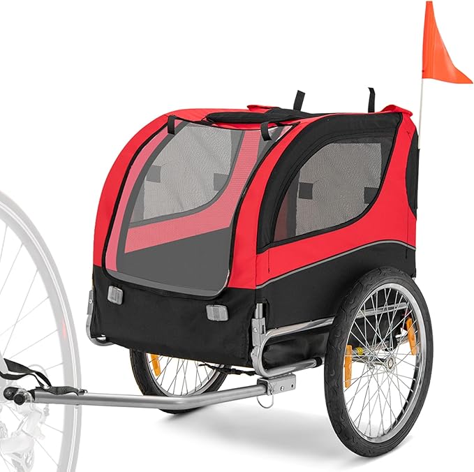 Giantex Dog Bike Trailer, Bicycle Trailer Wagon for Medium and Small Sized Dogs, 20 Inch Wheels, 3 Zippered Doors, 8 Reflectors, 1 Red Flag, Folding Dog Carrier for Bike, Hold up to 88lbs