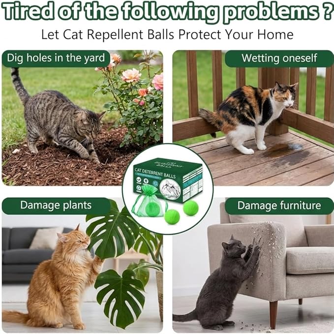 10Pack Cat Repellent Outdoor & Indoor, Natural Peppermint Oil Cat Deterrent Balls Outdoor Indoor Keep Cats Off Yard Garden Lawn Plants and Chew (Green)