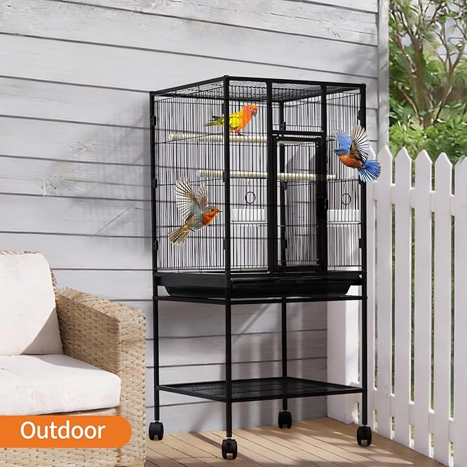 Spacious Metal Bird Cage with Rolling Stand and Storage – Large Flight Cage for Parakeets, Parrots, Cockatiels, Conures – Includes Feed Bowls, Play Top – Durable Pet Aviary – 40.5"/61" Tall