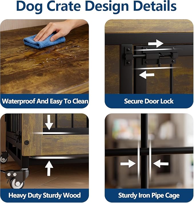 38 Inch Rustic Dog Crate Furniture with 3 Doors and Locking Wheels, Wooden Heavy-Duty Indoor Kennel with Removable Tray for Small and Medium Dogs, Easy-Clean Side Table or Nightstand Style Design