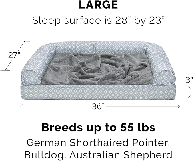 Furhaven Cozy Memory Foam Dog Bed for Large/Medium Dogs w/ Removable Bolsters & Washable Cover, For Dogs Up to 55 lbs - Plush & Diamond Print Nest Top Sofa - Gray, Large