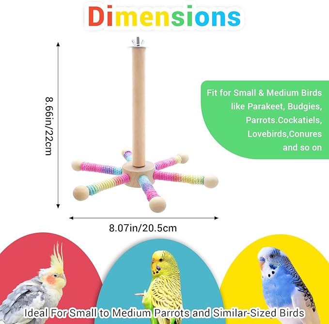 Bird Rotating Perch Toys,Parakeet Interactive Stand Perch Toy,Wooden Exercise Wheel Parrot Toys,Cockatiel Toys for Bird Cage Accessories for Small and Medium Parrots (6 Perch)