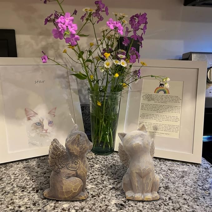 Cat Angel Memorial Figurine, Gray, Resin Sculpture for Cat Lovers, Pet Loss Gift, Hand-Painted