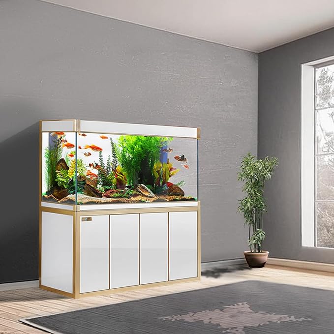 Aqua Dream 250 Gallon, All-in-One Aquarium Fish Tank with Tempered Ultra-Clear Glass, Includes Cabinet Stand, Multi-Chamber Filtration Sump, Filter Media, 1717 GPH Water Pump - White/Gold