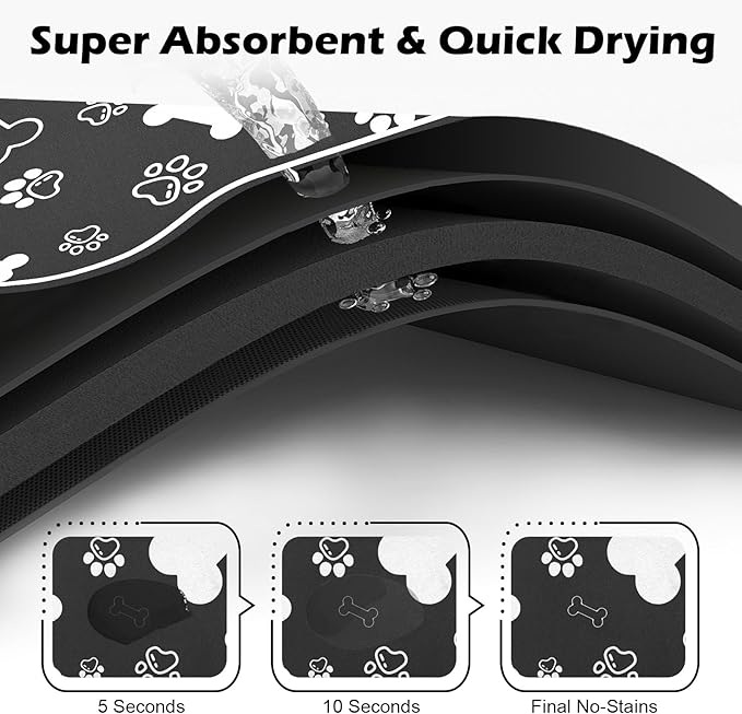 Dog Cat Food Mat,Rapid Absorbent Pet Feeding Mat, Bone Shaped Dog Placemat Water Bowl Mat with Rubber Backing,No Stains Dog Cat Food Mats Indoor, Pet Accessories Supplies 23"x36" Black