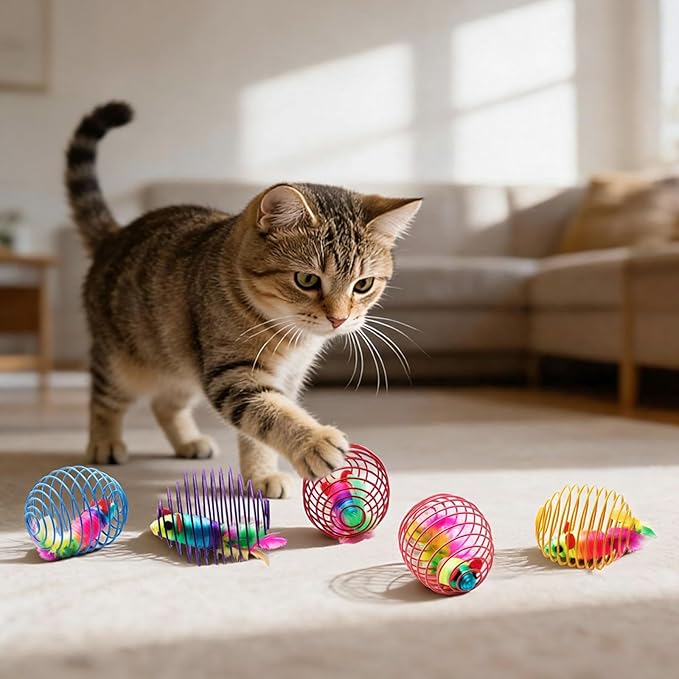 Jecery 5 Pcs 5 Pcs Cat Spring Balls Toys Stretchable Rolling Balls Colorful Playful Coils Interactive Spring Action Toy Caged Rats for Kitten Cat Pet Supplies (Mouse, Rainbow Color)