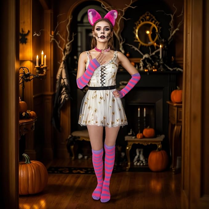 Fumwase Pink Purple Striped Cat Costume Set - Ears, Necklace, Furry Tail, Striped Gloves, Socks - Women's Cosplay Halloween
