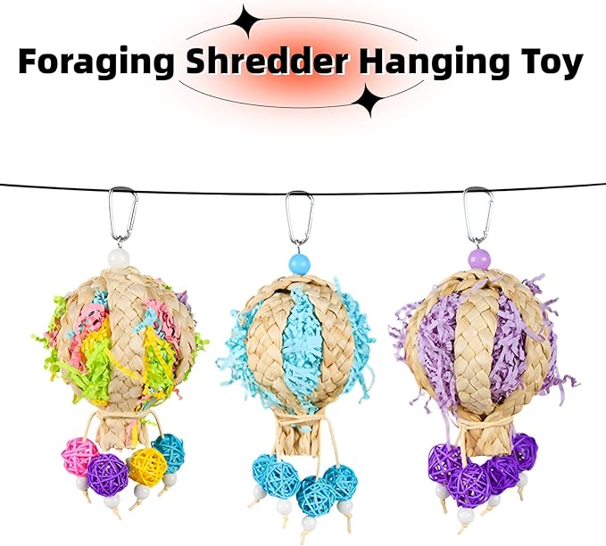 Bird Toys Foraging Shredder Hanging Toys Rope Perch with Bell Parakeet Toy Parrot Swing Climbing Standing Toys Bird Cage Accessories for Conure Cockatiel Budgies Lovebird, Purple, 1pack