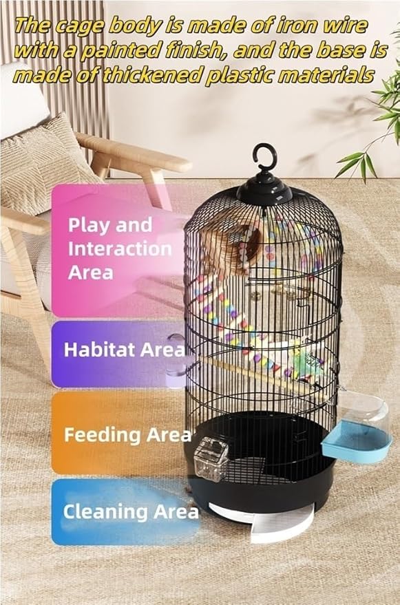 Bird Cage with Wire Mesh, Round Iron Bird Cage, Indoor Parrot Cage, for Small Parrots Parakeets Cockatiels(Black)
