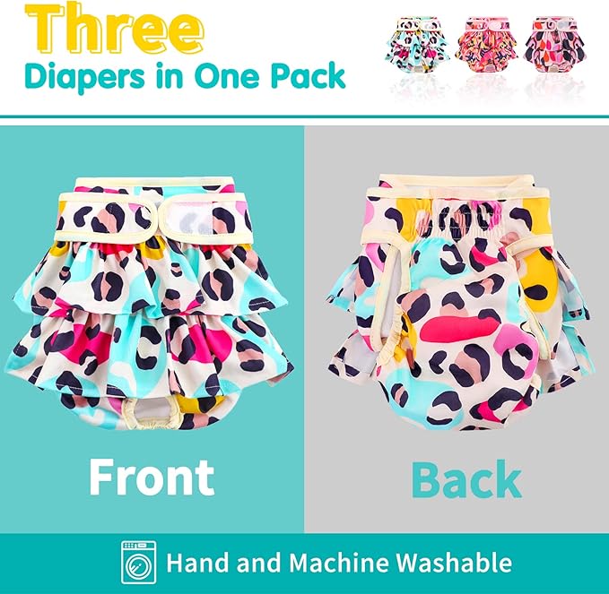 Washable Dog Diapers Female 3 Pack Reusable Premium Highly Absorbent Doggie Diapers, Flexible Puppy Diapers, Durable Leak-Proof Leopard Dog Diapers for Period Heat Incontinence Puppy Training, M