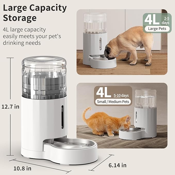Cat Water Dispenser with Stainless Steel Bowl, Automatic Gravity Water Dispenser for Cats or Small Medium Size Dogs, Large Capacity, Easy to Clean and Safe for Pets (4L White)