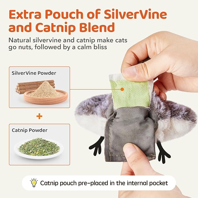 Potaroma Cat Toys 2 Pcs Flapping Sandpiper Pair-Mate, Lifelike Birds Chirp, Chargeable Touch Activated Kitten Fun Interactive Kitty Exercise with Catnip for All Breeds