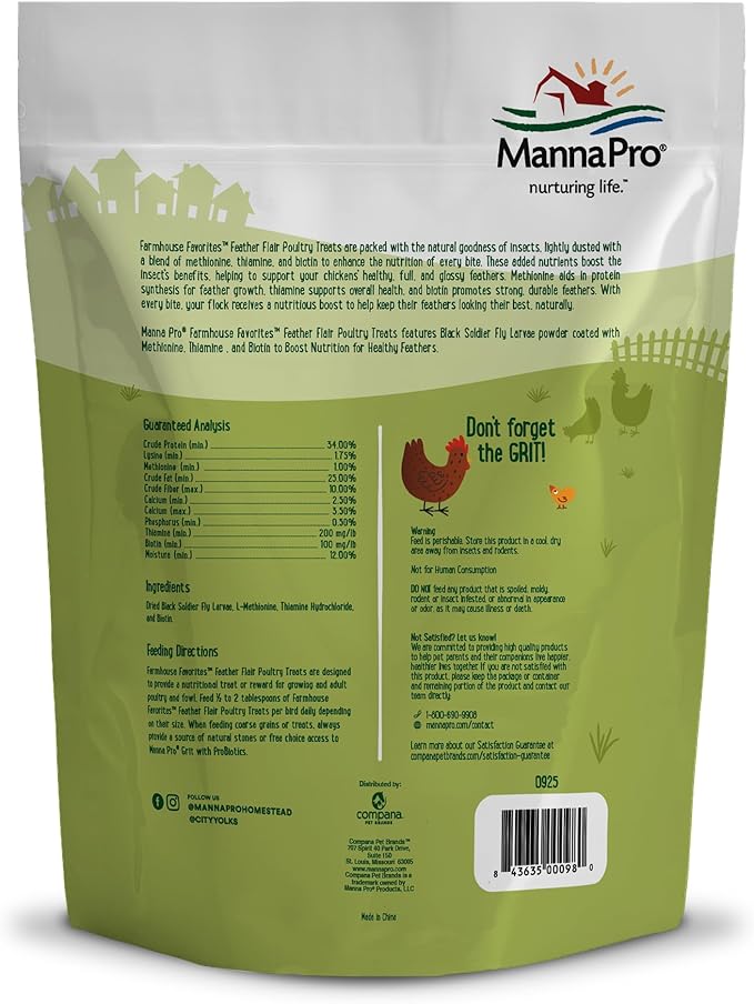 Manna Pro Farmhouse Favorites Feather Flair Poultry Treat, High Protein Chicken Treat with Methionine, Biotin & Thiamine, Supports Strong, Vibrant Feathers, for Chickens, Ducks, Turkeys & More, 2 lbs