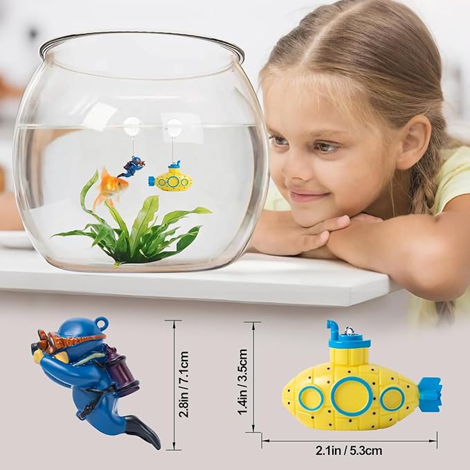 CousDUoBe 2.1 in Mini Floating Submarine Fish Tank Decoration Set，Cute Retro Submarine Set and Floating Diver,Aquarium Decorations Resinous Betta Fish Tank Accessories