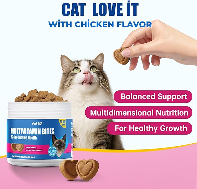 Just Try 23 in 1 Taurine for Cats Vitamins Treats with L-Lysine for Immune, Joint Support Skin & Coat & Heart Health - Multivitamin, HIV Omega 3, Biotin Supplements for Indoor & Senior Cat - 300 Bites