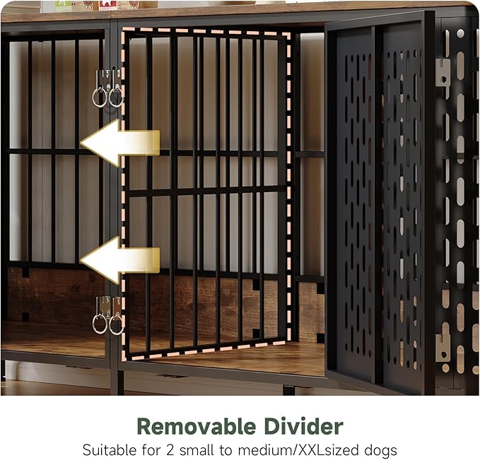ONBRILL 71” Large Dog Crate Furniture for 1 or 2 Dogs,Large Double Dog Cage with Removable Divider,Heavy Duty Wooden Dog Crate As TV Stand with Steel Frame,Brown