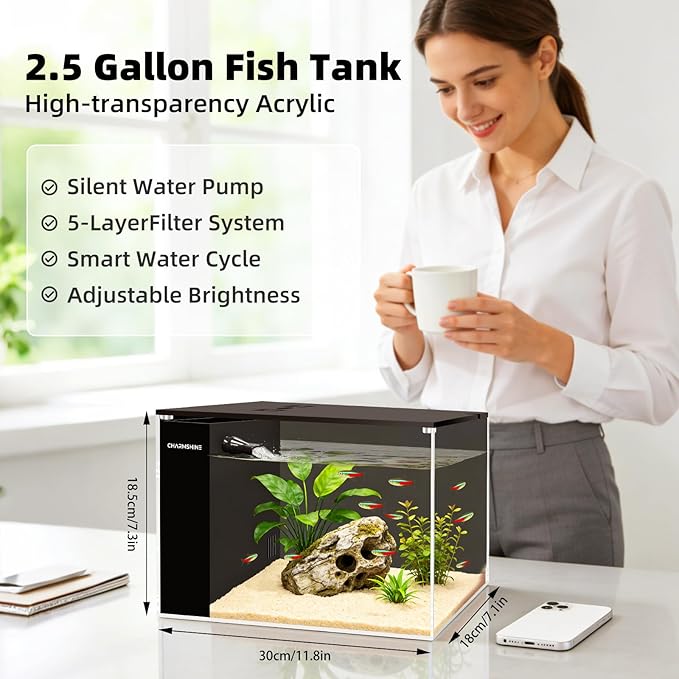 Small Fish Tank Betta 2.5 Gallon Desktop Aquarium Kit with LED Light and Water Pump & Black Filter Sponge & Bio Ball Filter Media Compact Aquarium for Betta Fish, Shrimp(Black