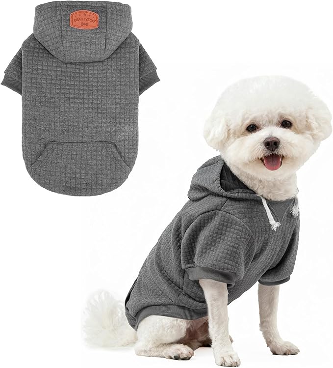 BEAUTYZOO Small Dog Hoodie Sweater with Pockets, Dog Clothes for Small Medium Dogs Boy Girl, Waffle-Like Laminated Cotton Pet Coats with Hat and Leash Hole, Dark Grey M