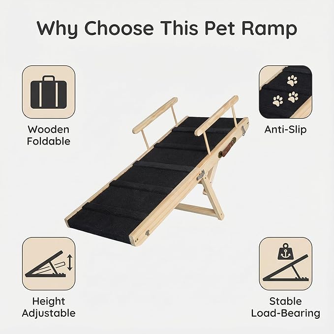 Wooden Pet Ramp for Bed, Foldable Dog Ramp with Removable Side Rails, Lightweight Ramp for Dogs for Large Dogs Senior Cats, Supports up to 70 lbs for Easy Access to Bed or Car (Medium)