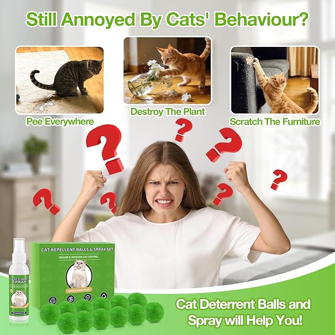Cat Repellent Balls & Spray, Dog Repellent Outdoor & Indoor, Natural Peppermint Oil Cat & Dog Deterrent Spray 60ml, 12 Pack Natural Essential Oil Ball, Keep Cats Away from Yard, Furniture