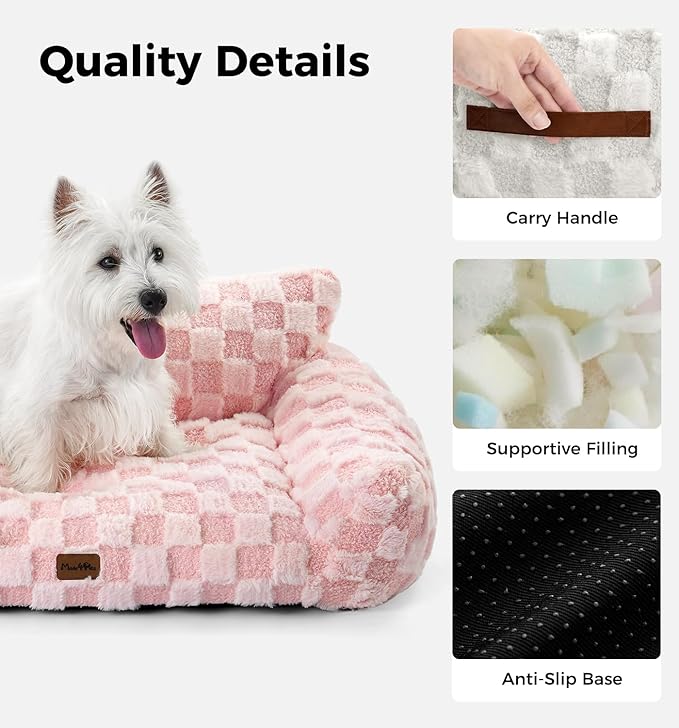 Made4Pets Dog Couch Bed, Soft Faux Fur Checkered Indoor Pet Sofa, Comfortable Fluffy Dog Sofa with Supportive Foam, Removable Washable Cover with Non-Slip Base, Pink, Large