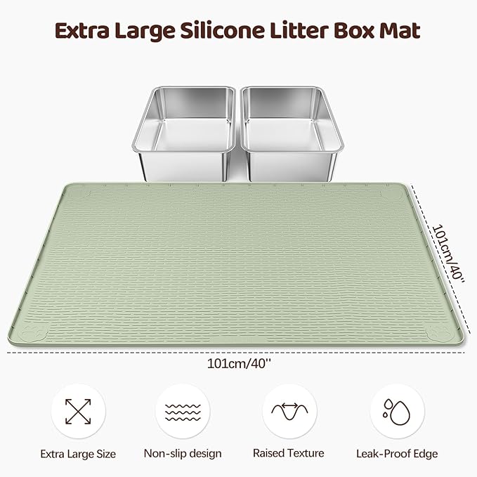 Cat Litter Mat, XL Extra Large 40" x 40" Silicone Mat Litter Trapping Mat for Scatter Control, Soft on Kitty Paws, Easy to Clean (Green)