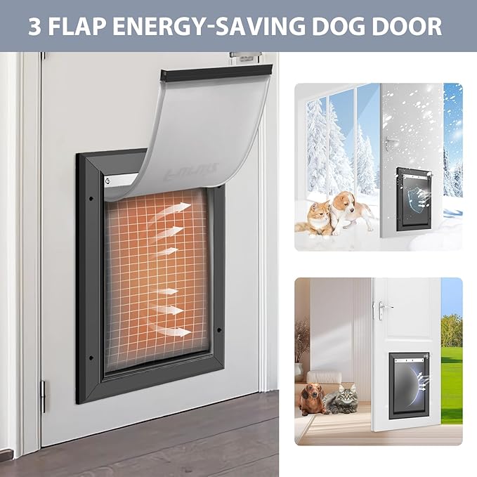 [Petoasis] 3-Flaps Heavy-Duty Dog Door, Rust Proof Aluminum Alloy Frame, Extreme Weather Dog Door Can Block Wind, Snow, and Rainwater Intrusion (Black, Large for Door)