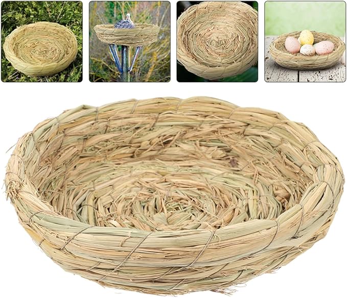 Woven Straw Bird Nest Breeding Nest for Small Animals 8.26X8.26X2.36In Handcrafted Birdcage Accessory for Doves Pigeons Parrots Rabbits with Removable Easy-Clean Design