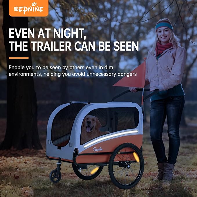 Sepnine Dog Bike Trailer, Supports up to 110 lbs, 2-in-1 Pet Stroller Cart Bicycle Carrier, Easy Folding Cart Frame with Quick Release Wheels, Universal Bicycle Coupler, Non-Slip Floor, Internal Leash