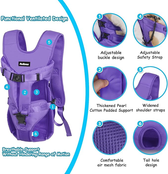 PetBonus Pet Front Dog Carrier Backpacks, Adjustable Pet Backpack, Legs Out Easy-fit Puppy Chest Carrier for Medium Small Dogs, Hands Free for Hiking, Cycling (Purple, M)