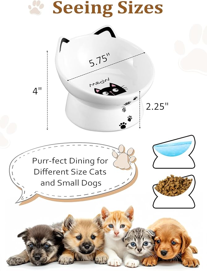 Yedio Porcelain Raised Cat Bowl, Tilted Cat Food Bowl with Anti Slip Band, Stress Free, Elevated Porcelain Pet Bowl Protect Pet's Spine, Backflow Prevention, Dishwasher Safe, White