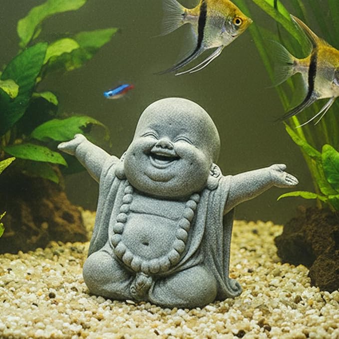 LIYAOLI Sandstone Laughing Buddha Statue for Fish Tank Decorations, Aquarium Decor Ornament, Betta Fish Tank Accessories, Zen Monk Sculpture for Wealth Good Luck Feng Shui, Home Office Car Decoration