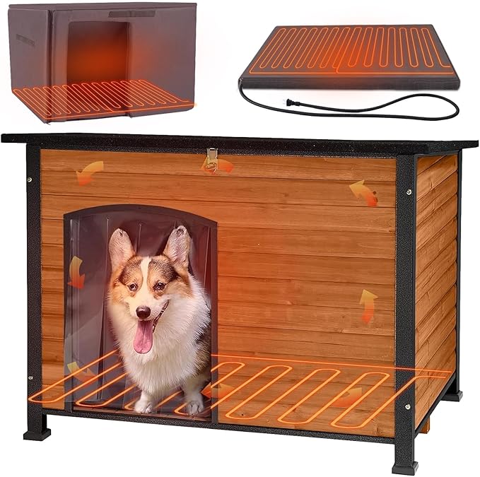 GUTINNEEN Large Heated Dog House Outdoor 43.3" L Insulated Winter Dog Kennel with Metal Frame for Medium to Large Dogs Outside with Heater and Insulated Liner for Winter, Brown