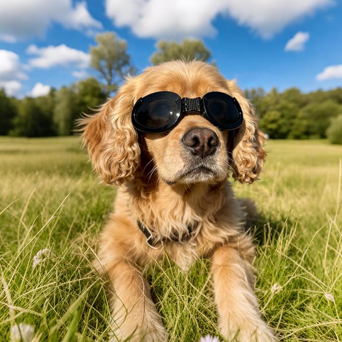 PETLESO Dog Goggles Medium Breeds, Clear UV Protection Dog Sunglasses with Black Replaceable Lenses, Adjustable Doggy Glasses for Outdoor Activities Hiking/Camping Windproof Pet Eyewear