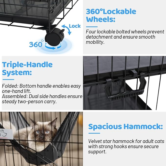 Homey Pet 51 Inch Cat Cages Indoor, 3-Tier Cat Crates for Indoor Cats, Collapsible Metal Wire Large Cat Kennel Big Multi-Level Kitten Crate with Wide Side Door, Plastic Platform, Ramp, 360° Wheel