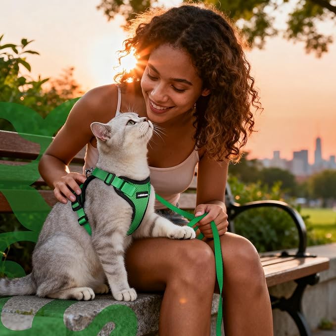 rabbitgoo Cat Harness and Leash for Walking, Escape Proof Soft Adjustable Vest Harnesses for Cats, Easy Control Breathable Reflective Strips Jacket, Grass Green,M