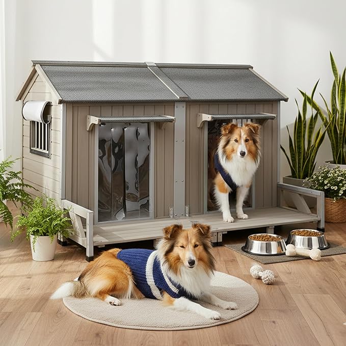 59" Large Dog House for 2 Dogs XL Wooden Dogs House Outdoor with Weatherproof Openable Roof, Window, All-Around Iron Frame, Removable Floor, Large Balcony