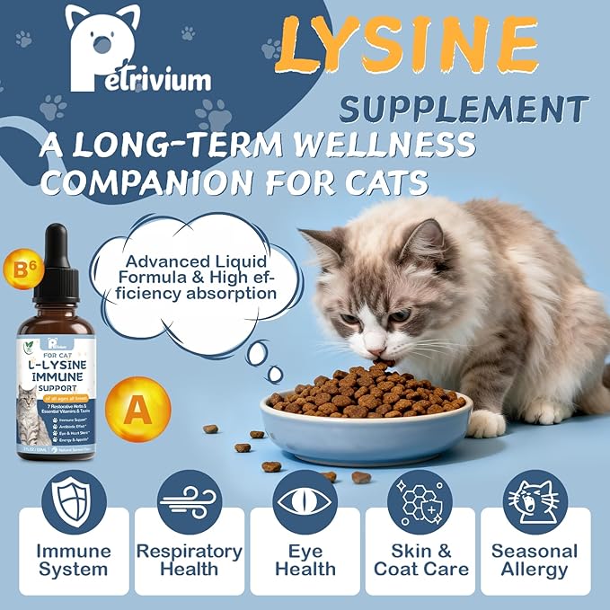 L-Lysine Supplement for Cats - Vitamins & Taurine for Immune Support & Allergy Relief - Lysine for Respiratory, Sneezing, Runny Nose, Eye Function - Natural Cat Antibiotic Drops - 60ML Slamon Flavor