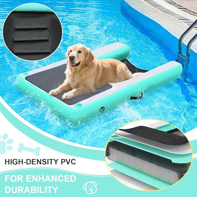 Dog Pool Ramp, Inflatable Dog Boat Ramp, Non-Slip EVA Inflatable Floating Dock Ladder for Pools Boats Docks, Safe & Easy Water Access for Large Dogs, Green