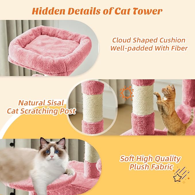 Sweetcrispy 44 Inch Cat Tree Tower, Cat Climbing Tower with Natural Sisal Scratching Posts, Hammock, Pet Condo for Indoor Cats and Kittens Play, Pink