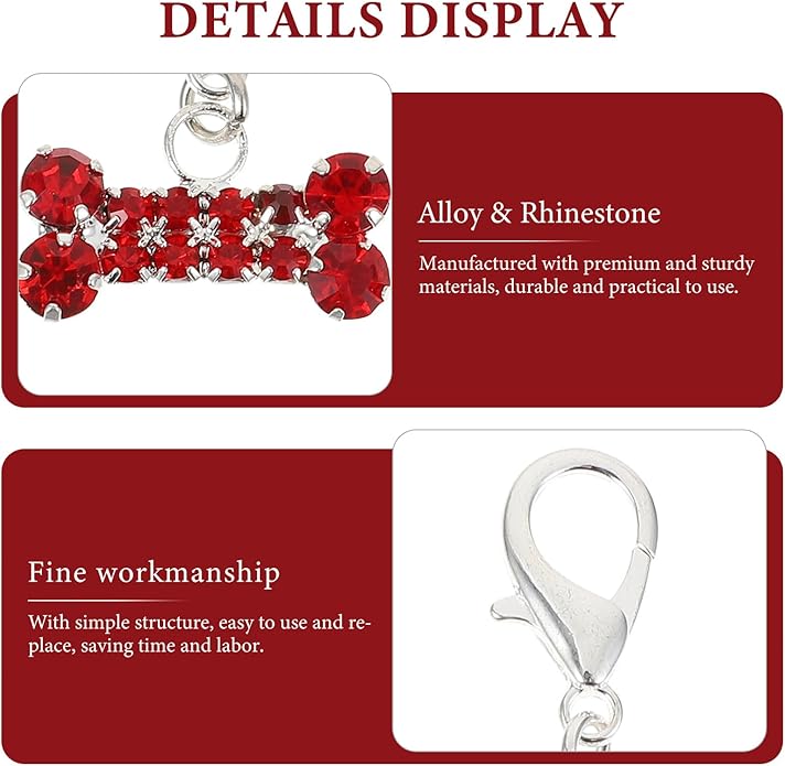 2Pcs Rhinestone Bone Collar Hanging Pendants Shiny Dog and Cat Collar Charms for Dogs and Cats Red and White Colors