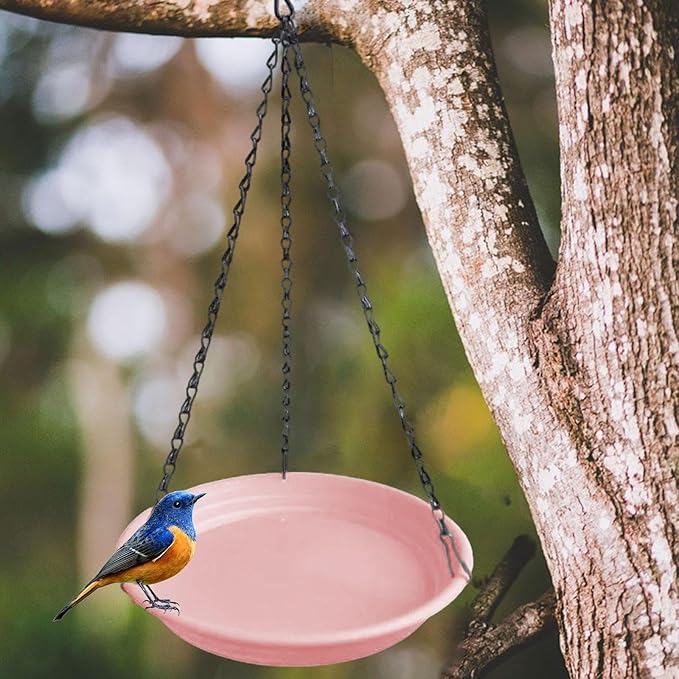Hanging Bird Feeder and Waterer Tray Water Feeding Bowl Garden Decor with Chains Sturdy Birds Water Station for Backyard Yard, Pink