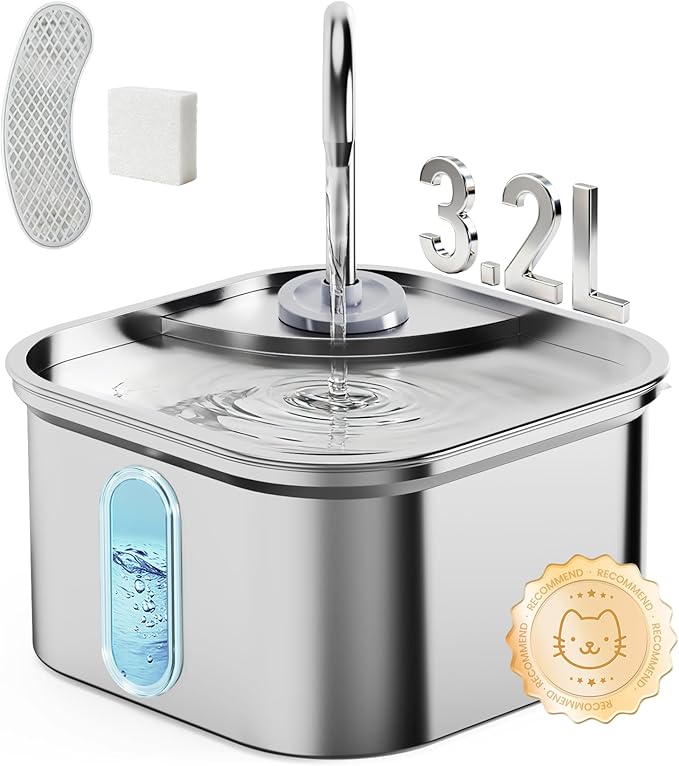 Cat Water Fountain Stainless Steel, 108oz/3.2L Quiet Automatic Cat Fountain for Drinking, Safe Auto Shut-Off, Large Square Pet Water Dispenser for Dogs Indoor with 1 Replacement Filter