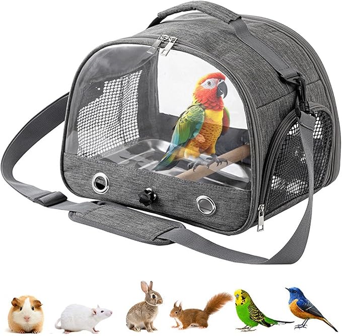 Portable Bird Cage Bird Carriers Foldable Panoramic View with Perch Removable Tray for Parrot Hamster Hedgehog Rabbit Sugar Glider (Black)
