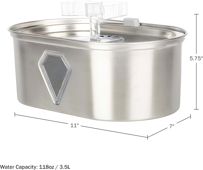 Cat Water Fountain - Stainless Steel Water Fountain for Small Pets - 118oz/3.5L Automatic Cat Water Dispenser with Water Level Window by PETMAKER