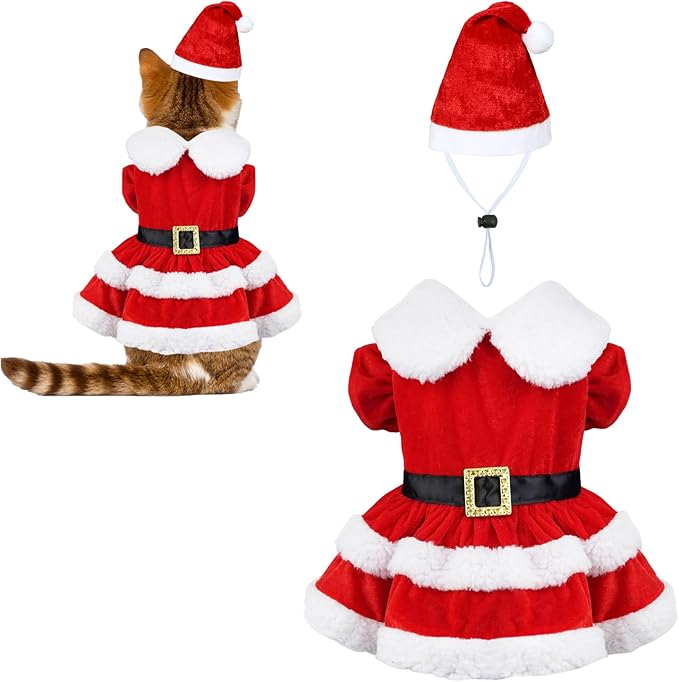 Cat Christmas Outfit Cat Christmas Dress with Santa Hat Costume Holiday Outfit Clothes for Cats Kittens Puppy (Small)